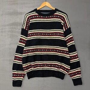 Vintage Woods & Gray Sweater Navy Blue Fair Isle Striped‎ Cotton Knit Large
